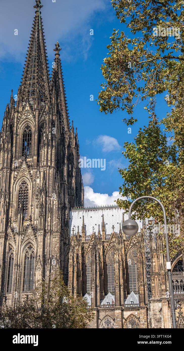 Kölner Dom Vertikale Ansicht der gotischen Türme und historischen Architektur Stockfoto