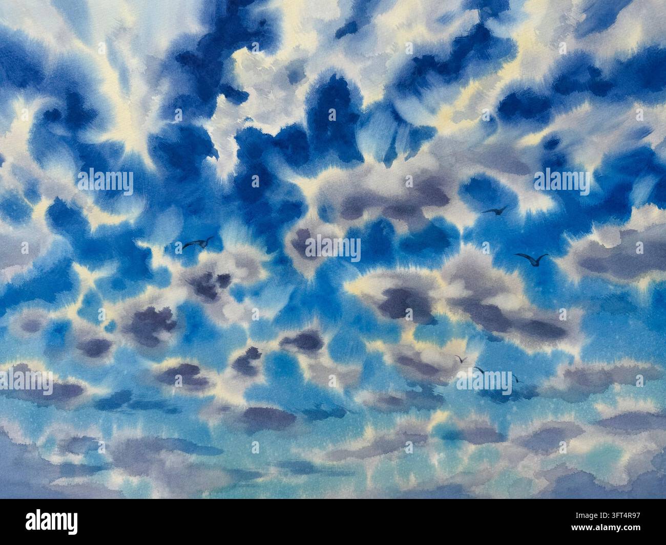Wolkenhauter Panorama auf blauem Aquarellhintergrund Stockfoto