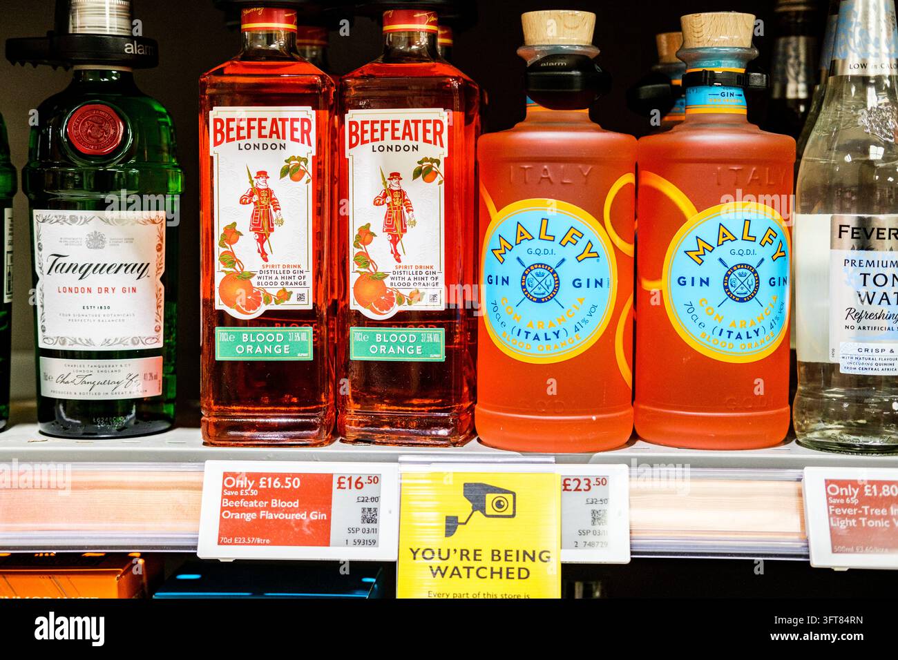 London, UK, 14. Oktober 2026, Nahaufnahme von Beefeater Blood Orange und Malfy Gin-Flaschen mit Preisschildern in einem Supermarktregal Stockfoto