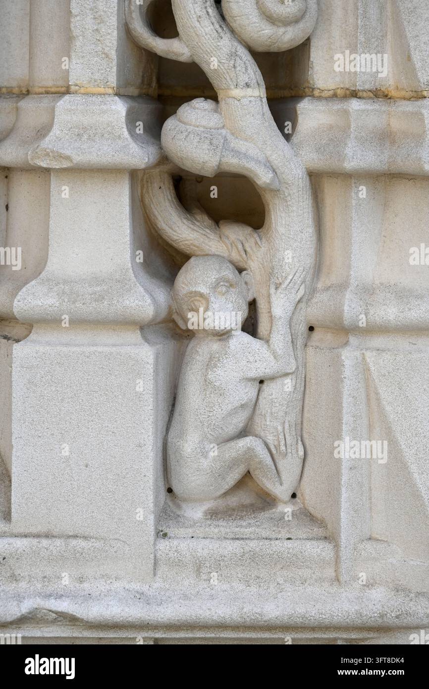 Gotische Schnitzerei oder Steinskulptur eines Affen und eines Baumes am dekorativen Eingang, Westtür oder Montfalcon-Portal, Kathedrale von Lausanne, Schweiz Stockfoto