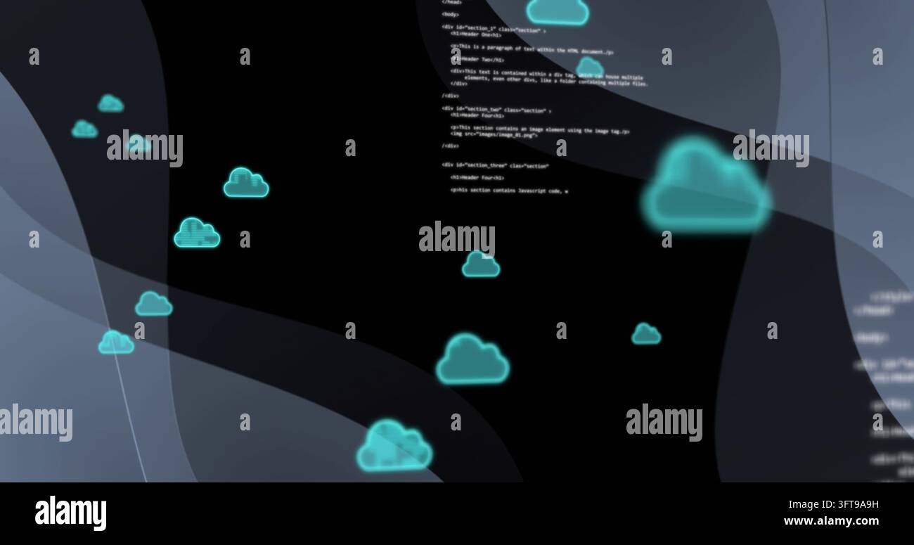 Schwebender leuchtender Zyan-Wolkencluster, der Tiefe in der digitalen Benutzeroberfläche bildet, graue Bänder, Code, Lichtstreifen Stockfoto