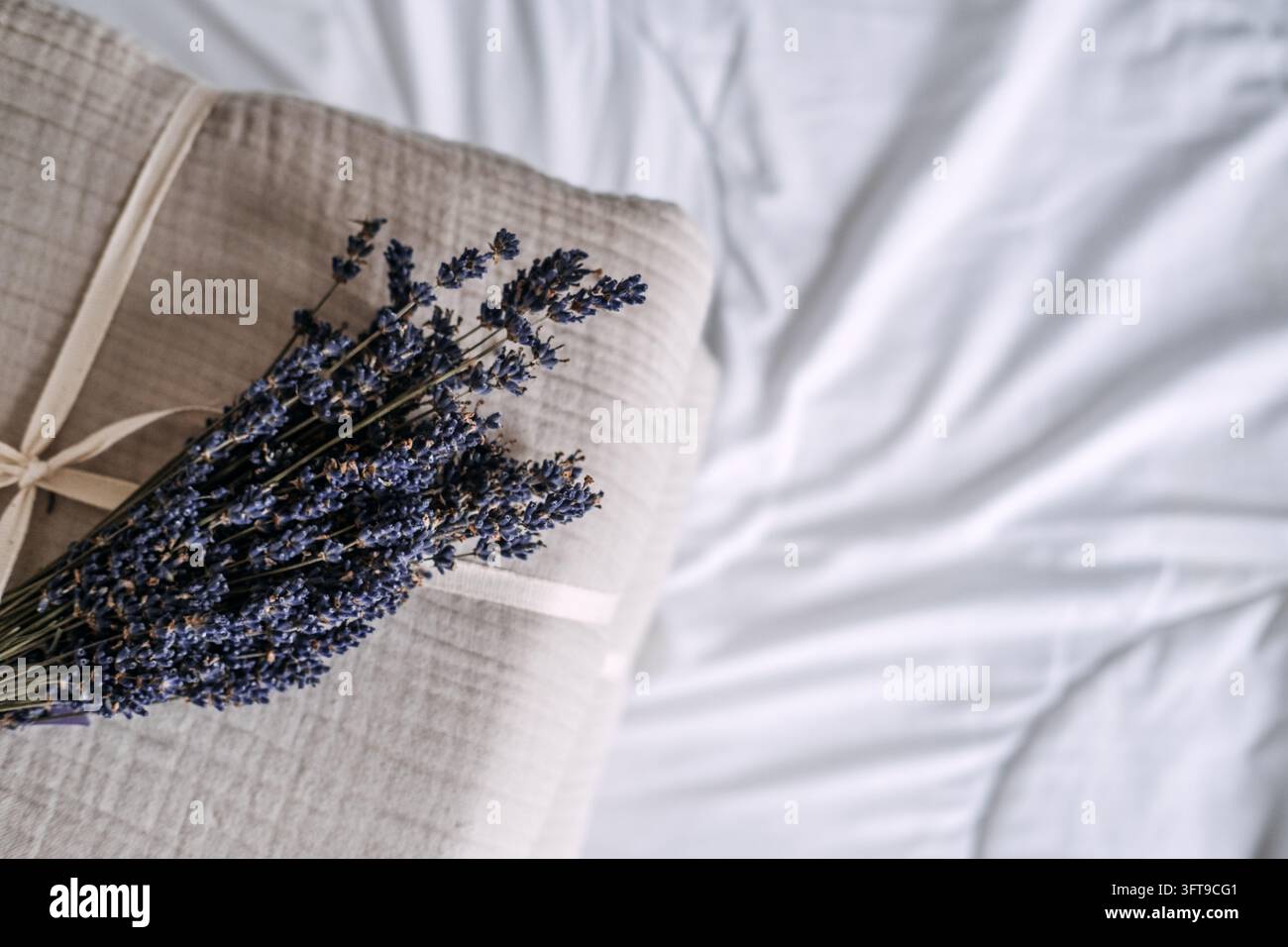 Bündel getrockneter Lavendel, der auf zerknittertem Baumwollgaze neben weichem Laken ruht, beruhigendes Kraut, das oft mit natürlichen Schlafroutinen in Verbindung gebracht wird Stockfoto