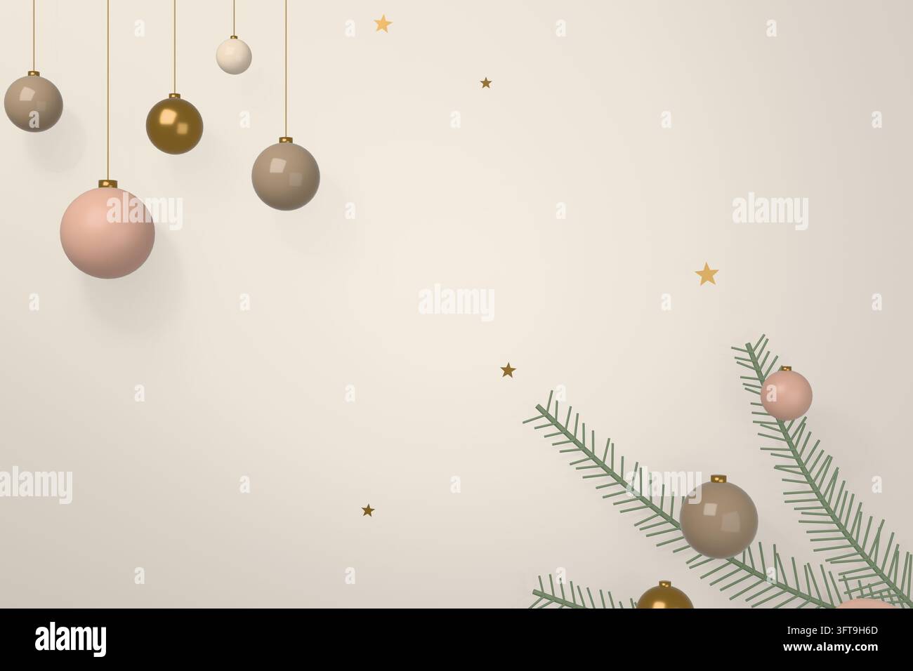 Moderne Weihnachts-Banner-Vorlage mit hängenden Ornamenten zarten Sternen und Tannennadeln Stockfoto