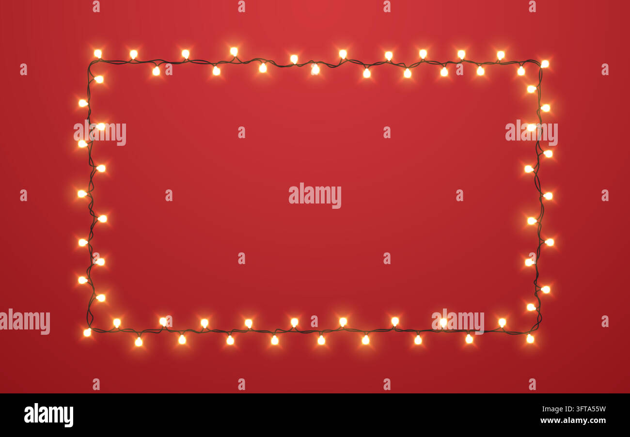 Weihnachtslichter-Rand. Glühende warme Glühbirnen auf rotem Hintergrund. Festlicher Rahmen für Feiertagsgrüße, Einladung, Banner, Karte. Saisonale Dekoration Stock Vektor