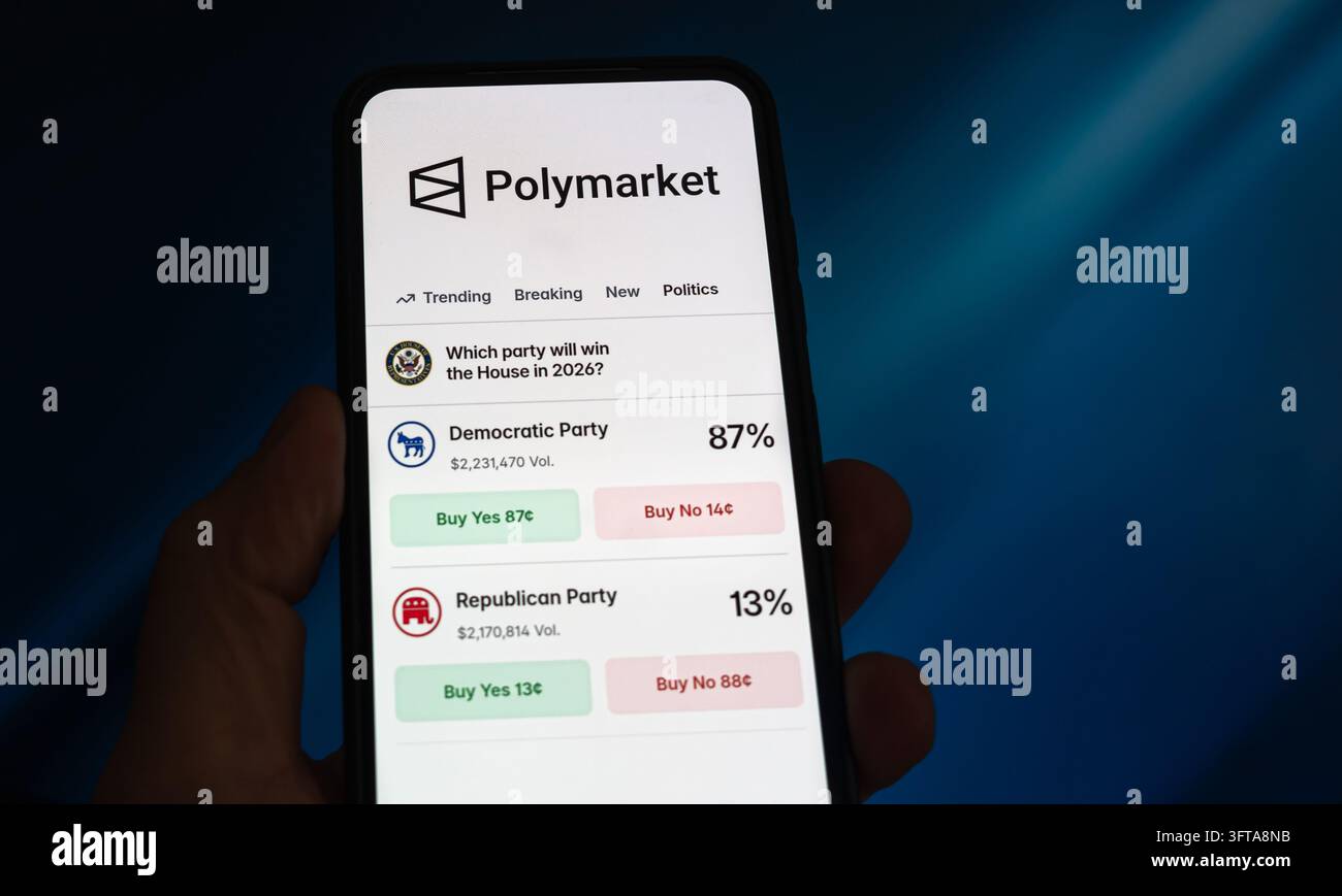Polymarket-Anwendung wird auf Mobilgerät angezeigt Stockfoto