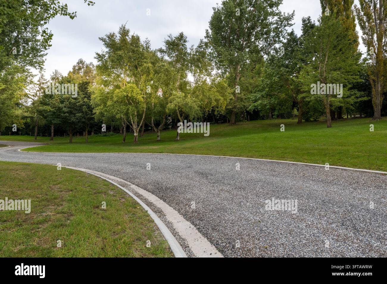 Straßenhintergrund, Automobil-Heckplatte, gebogene Einfahrt in einer parkähnlichen Umgebung mit gemähten Rasenflächen und Bäumen Stockfoto