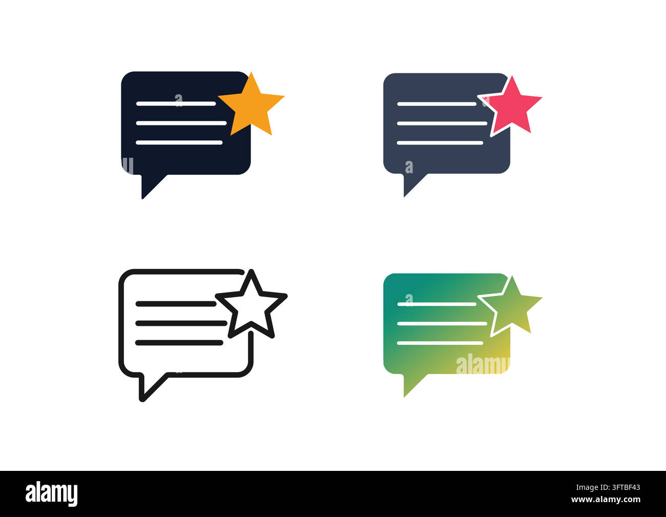 Satz von Kundenbewertungs- und Feedback-Symbolen mit einem Sprechblasen- Emblem mit Sternbewertung, das Kundenzeugnisse, Benutzerbewertungen und Zufriedenheit darstellt Stock Vektor