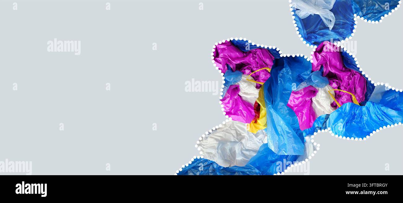 Modernes abstraktes Banner mit flüssigen Recycling-Grafiken. Kreative bunte Plastik-Kollageform für Öko-Marketing oder trendiges Posterdesign-Template Stockfoto