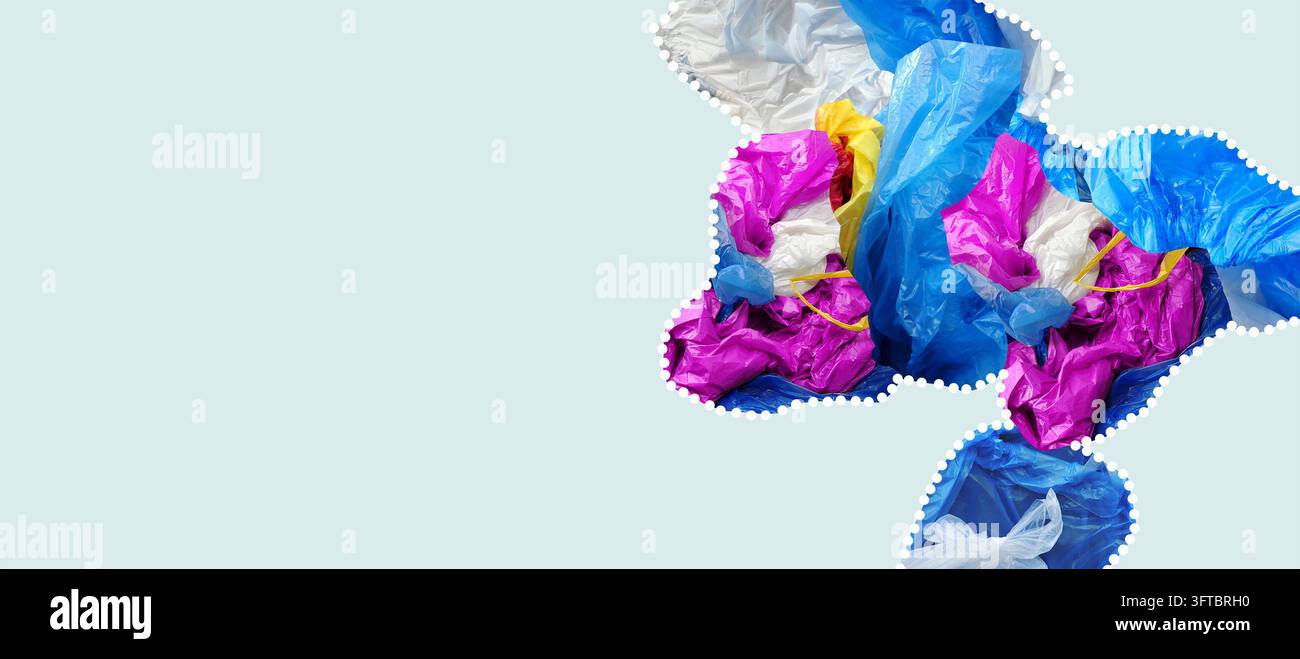 Modernes abstraktes Banner mit flüssigen Recycling-Grafiken. Kreative bunte Plastik-Kollageform für Öko-Marketing oder trendiges Posterdesign-Template Stockfoto