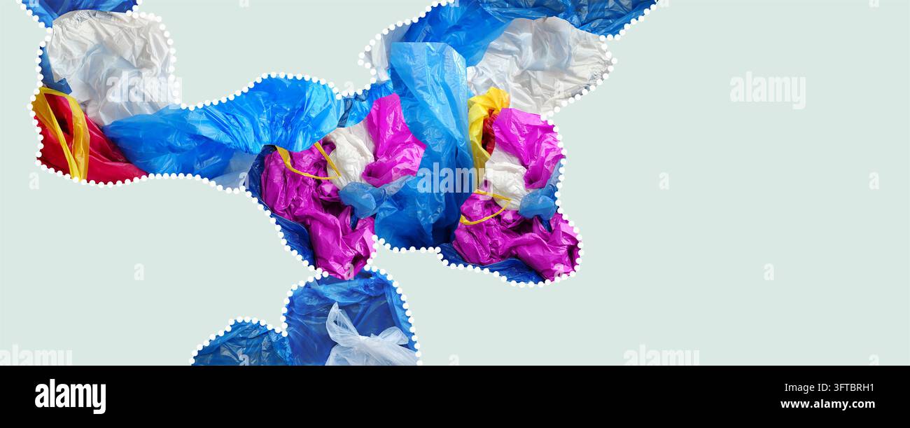 Modernes abstraktes Banner mit flüssigen Recycling-Grafiken. Kreative bunte Plastik-Kollageform für Öko-Marketing oder trendiges Posterdesign-Template Stockfoto