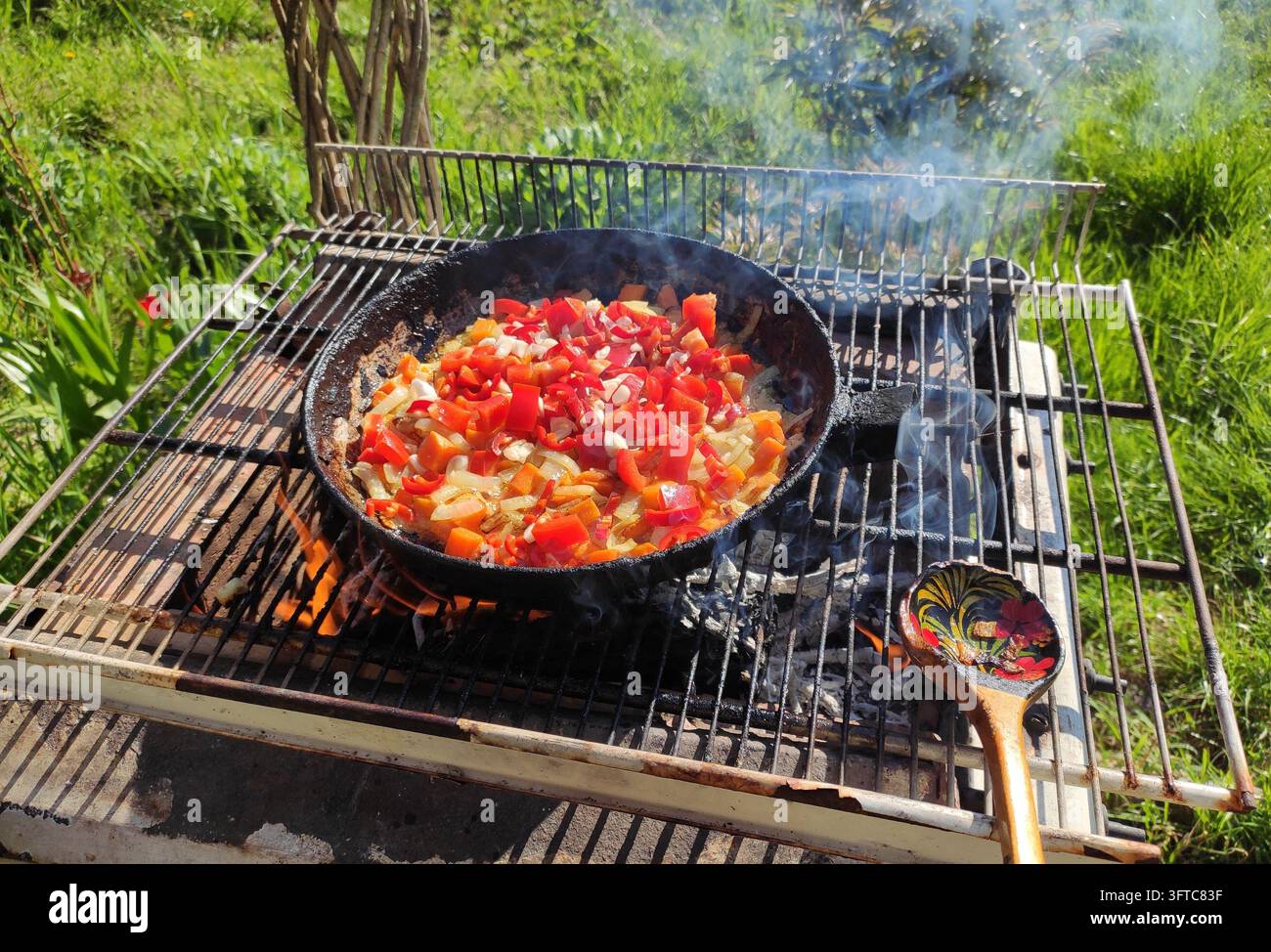Bunte gehackte Gemüse braten in einer Pfanne über einem Außenfeuer Stockfoto