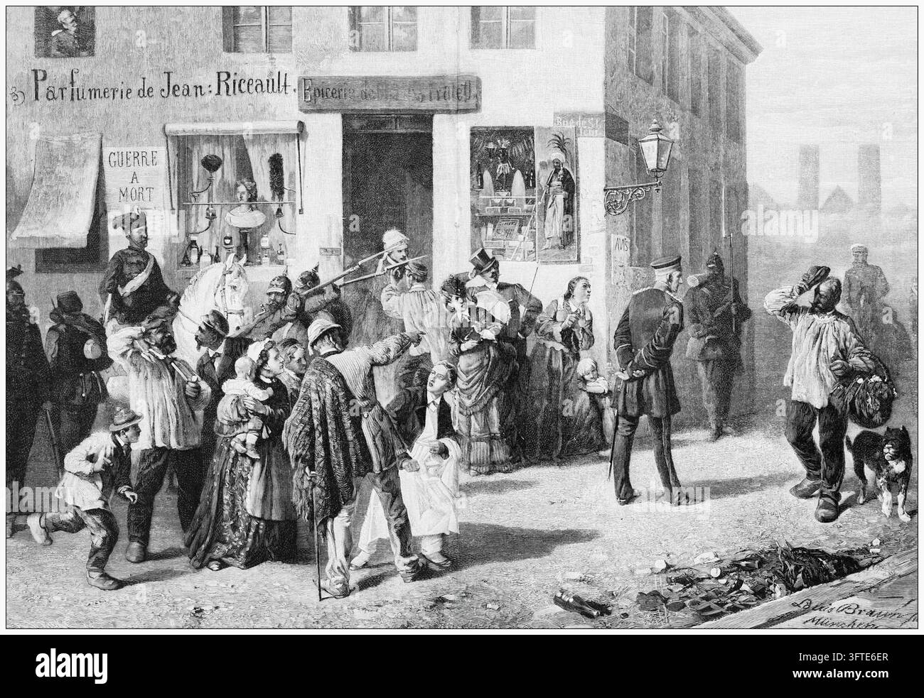 Straßenszene aus dem Deutsch-Französischen Krieg, preußische Soldaten und französische Zivilisten vor Geschäften, besetzte Stadt, Holzstich aus dem 19. Jahrhundert. Stockfoto