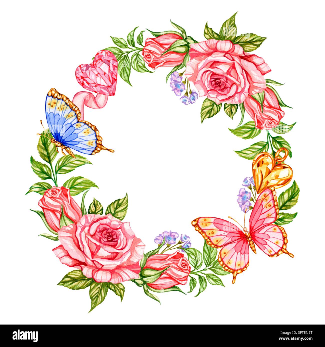 Aquarellrosa Rosen und grüne Blätter bilden einen anmutigen Rahmen. Blaue und rosa Schmetterlinge flattern sanft durch die Blütenblätter. Zarte Blüten und winzige Stockfoto