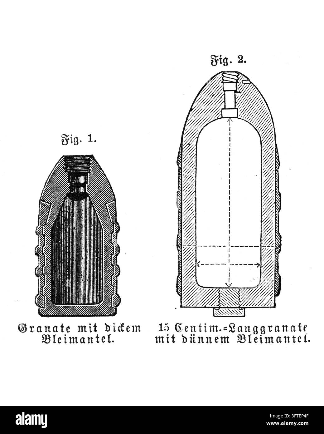 Artilleriegranaten-Querschnitt, dicke und dünne Bleimantel-Designs, weißer Hintergrund, 19. Jahrhundert-Stich. Stockfoto
