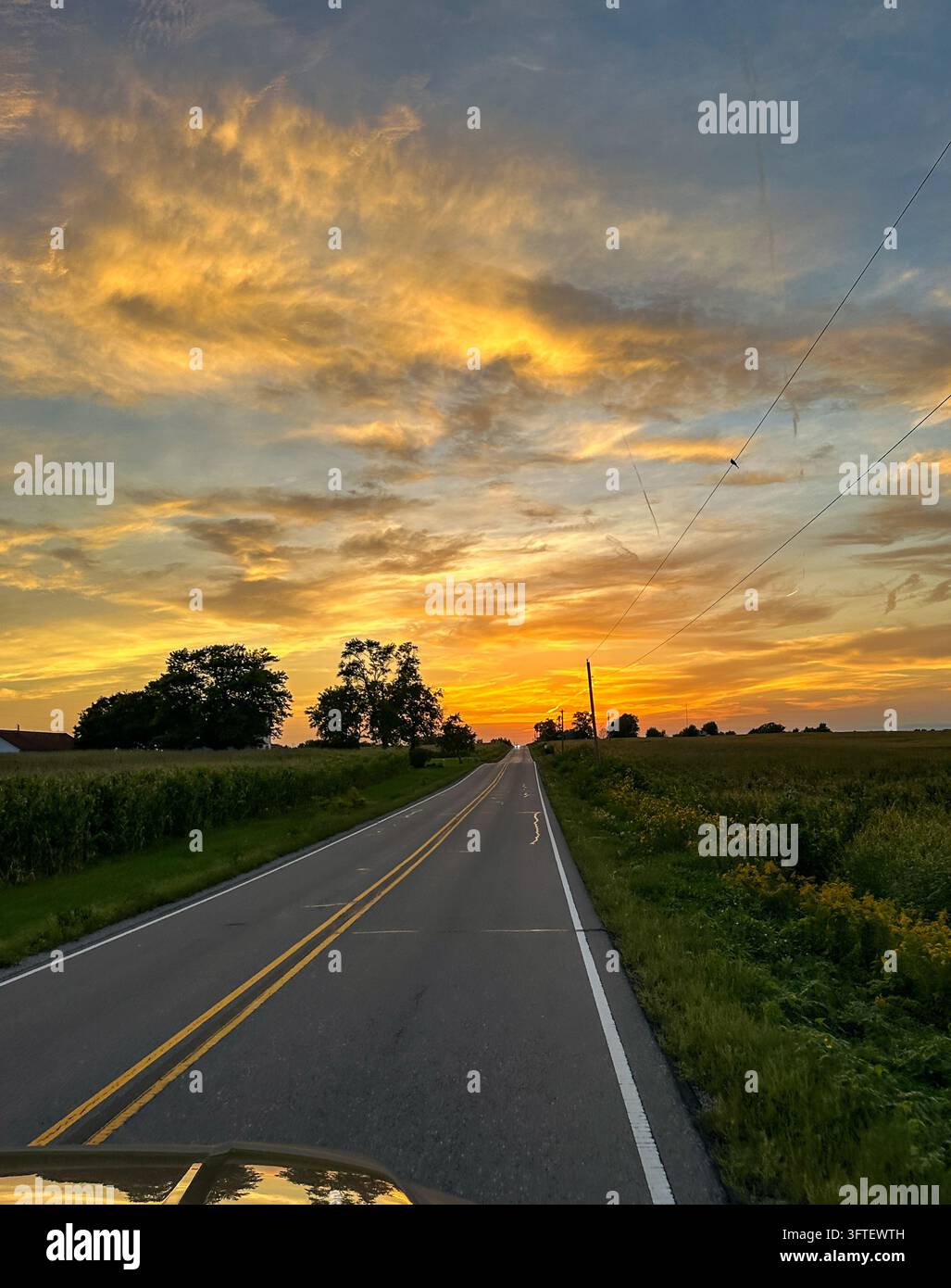 Lebendiger Sonnenuntergang über einer endlosen Landstraße - Smartphone-aufgenommenes Stockfoto