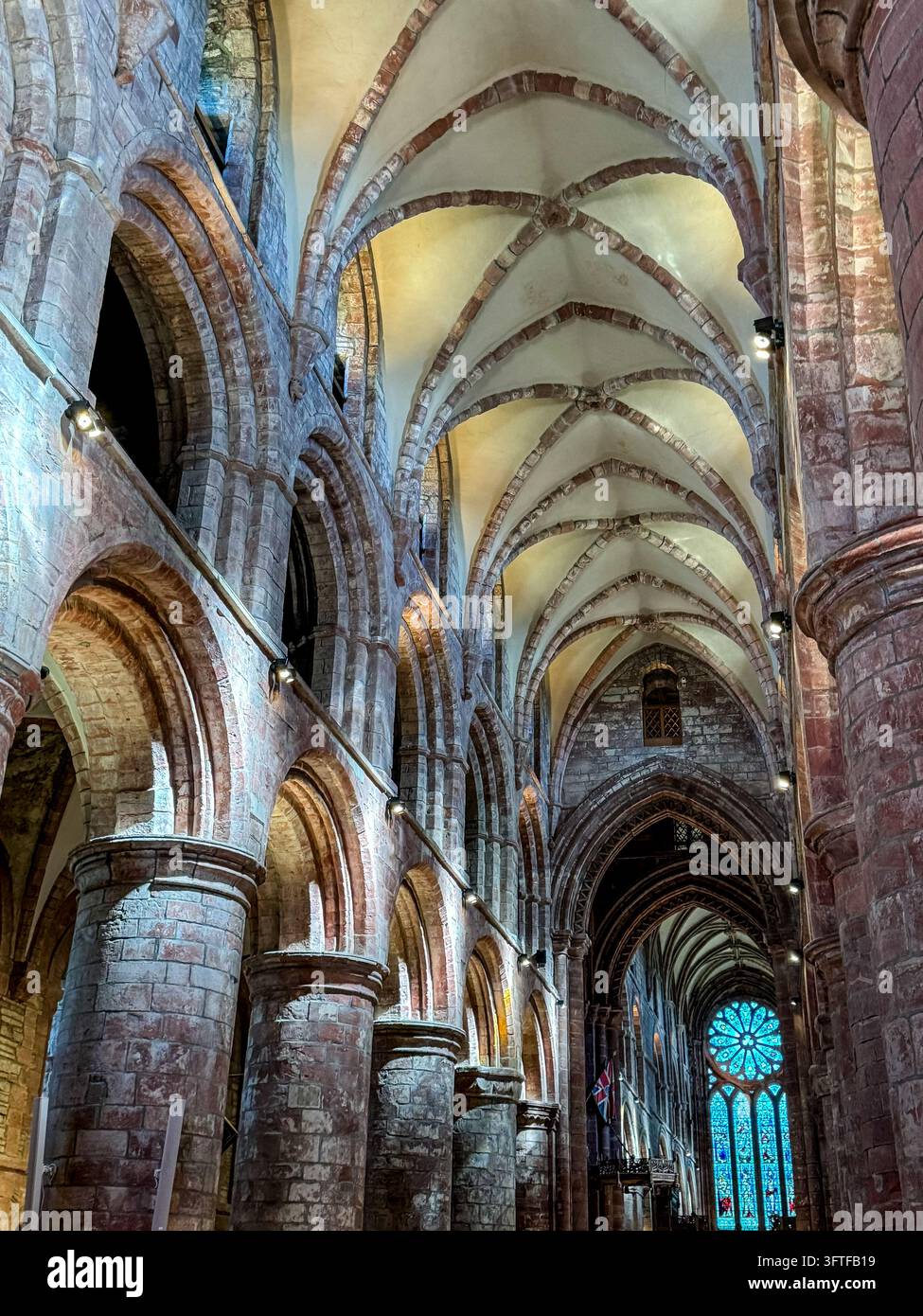 Rippige Steingewölbe, Säulen und Bögen erheben sich über das Langhaus der St.-Magnus-Kathedrale. Stockfoto