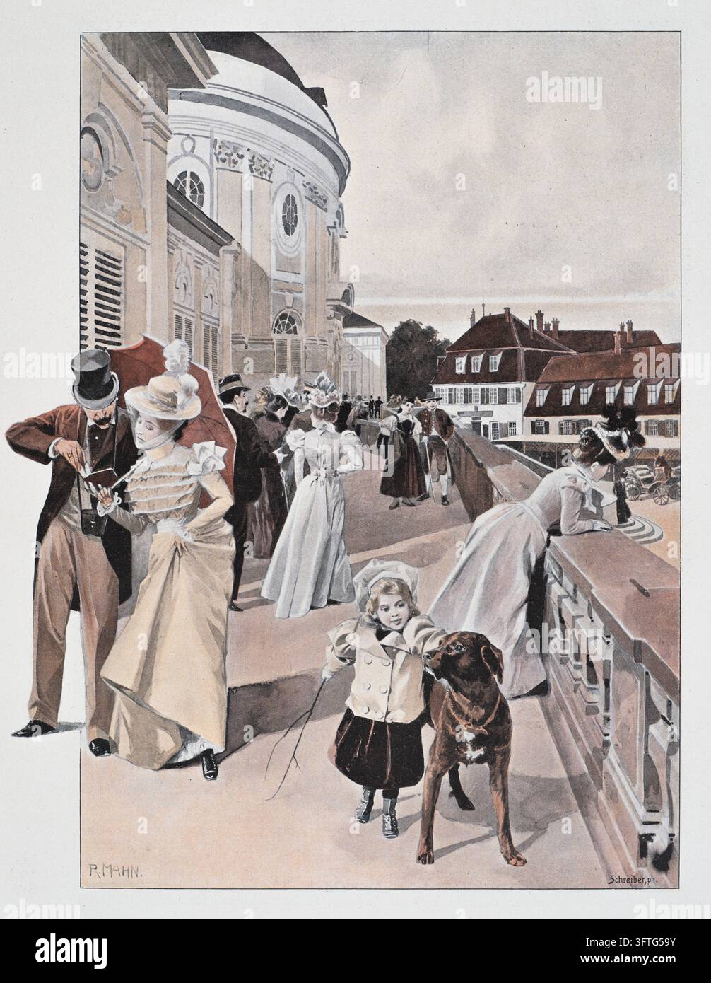 Menschen schlendern in historischen Kostümen, mit Kind und Hund, auf der Solitude-Terrasse, Frankfurt, Aquarell aus dem 19. Jahrhundert. Stockfoto