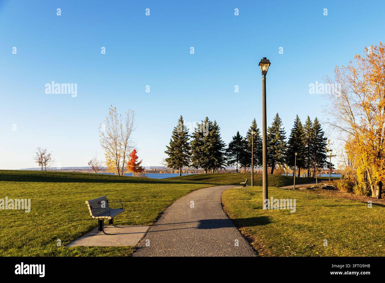 Leere Bank neben gepflastertem Parkweg nahe dem Fluss im Herbst. Weg mit Straßenlaterne und Bäumen im Andrew Haydon Park in Ottawa, Kanada. Stockfoto