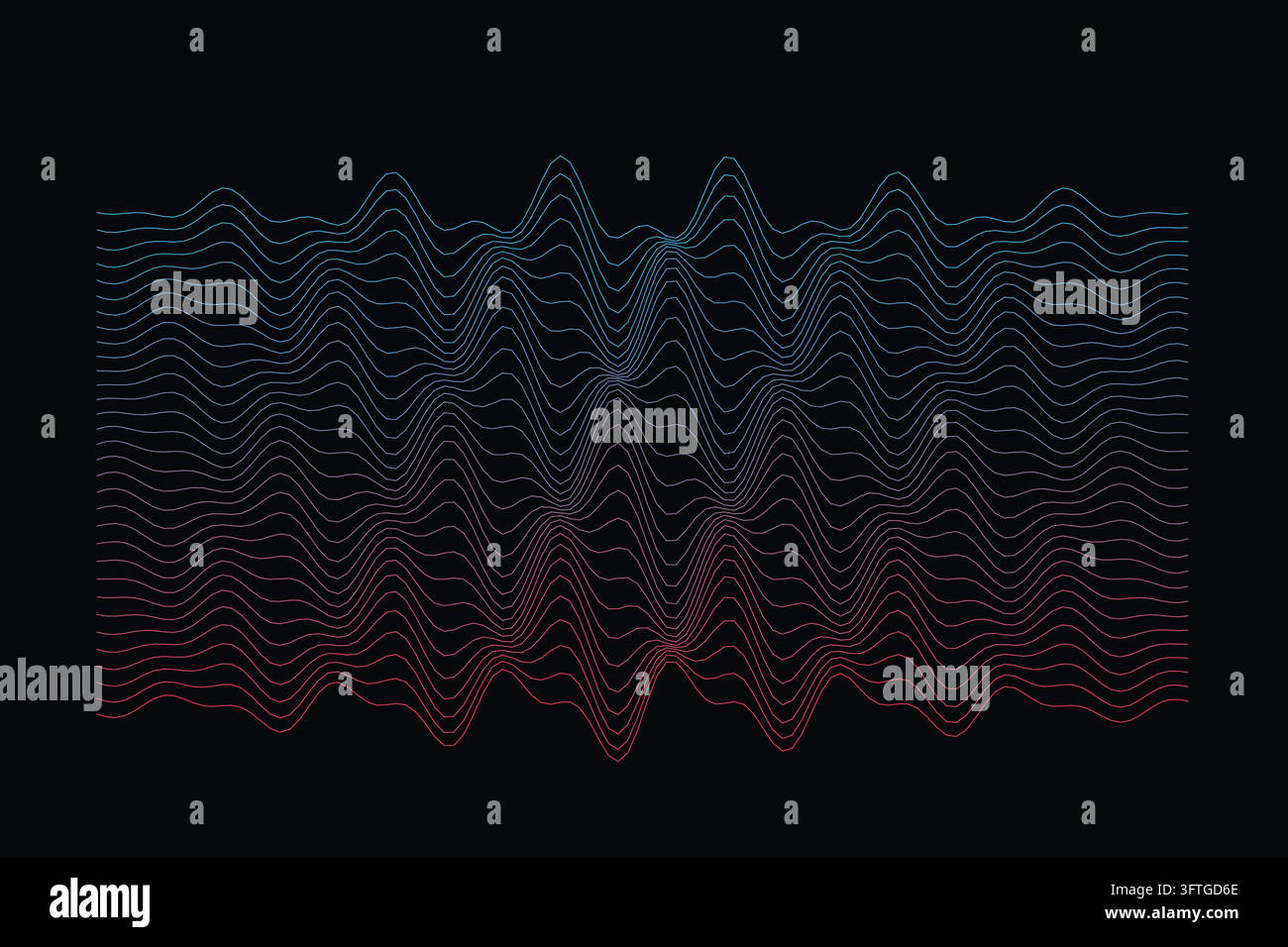 Parametrische Sinuswellen-Ripple-Drahtgitter-Höhenmodell-Vektor - Generative Computergrafik-parametrisches Netz, das harmonische Sinuswellen-Interferenzrippe zeigt Stock Vektor