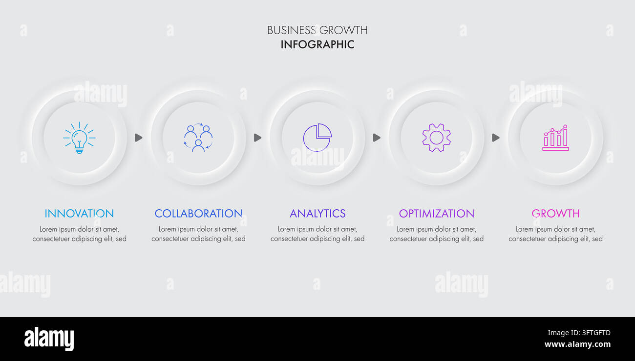 5 Schritte Neumorphische Business-Infografik-Zeitachsentemplate Stock Vektor