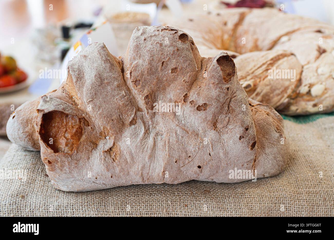 Ein goldenes Meisterwerk der Backgeschichte aus Basilikata, Italien: das Pane di Matera IGP. Von Hand geformt, um das raue Profil der Murgia-Berge zu imitieren, wird dieses außergewöhnliche Brot aus lokaler Hartweizengrieß und einer einzigartigen natürlichen Hefe hergestellt, die mit frischen Früchten fermentiert wird. Mit seiner dicken, knusprigen Kruste und seinem luftigen, strohgelben Inneren trägt es die alte Seele der Stadt der Steine. Stockfoto