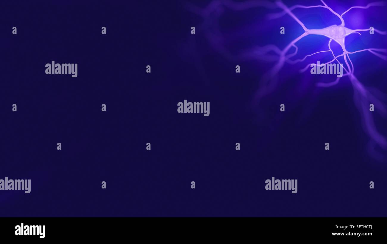 Neuronen-Zellkörper mit Dendriten und Axon, der Gehirnaktivität, Denken und ein Neuronennetzwerk-Konzept auf dunklem Hintergrund darstellt Stockfoto