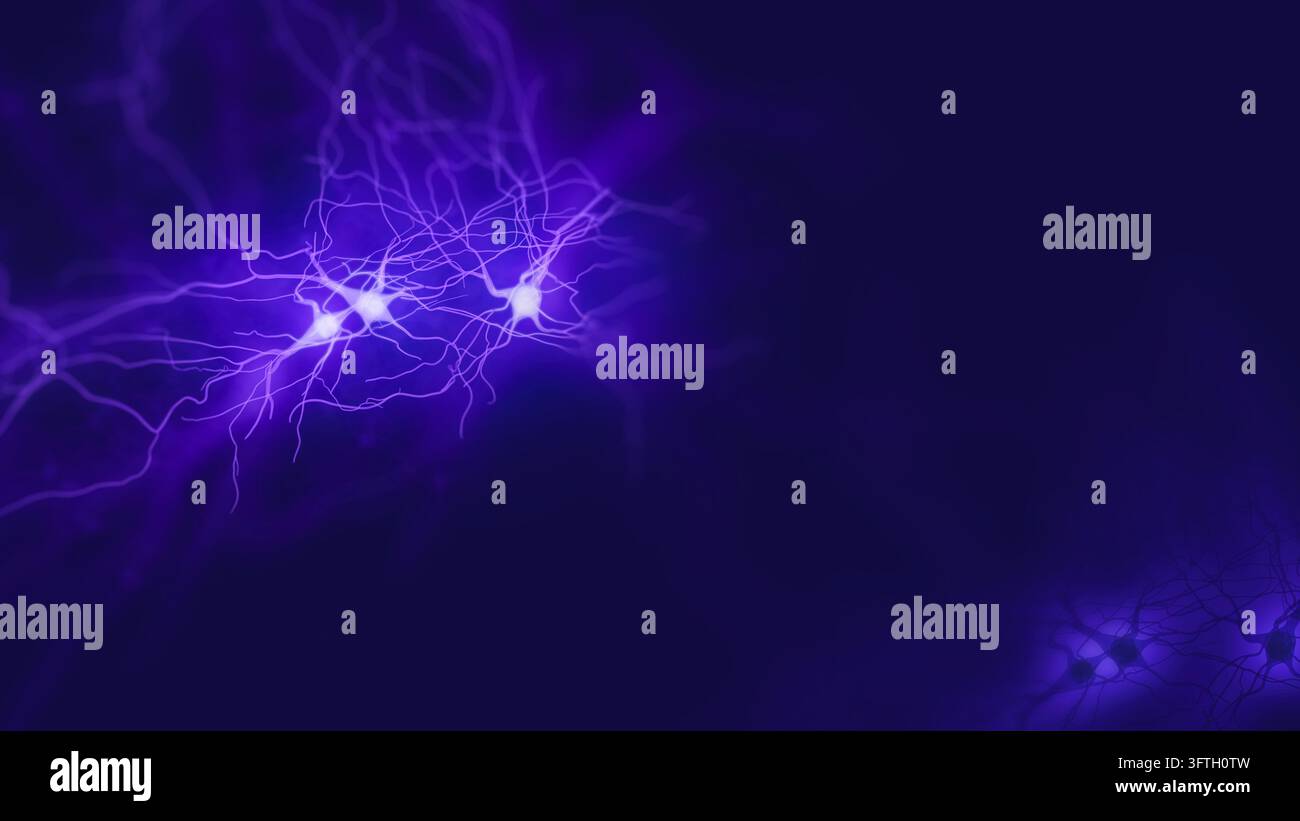 Neuronen und ihre Dendriten verbinden sich und bilden ein komplexes Netzwerk von Gehirnzellen mit leuchtendem violettem Licht Stockfoto