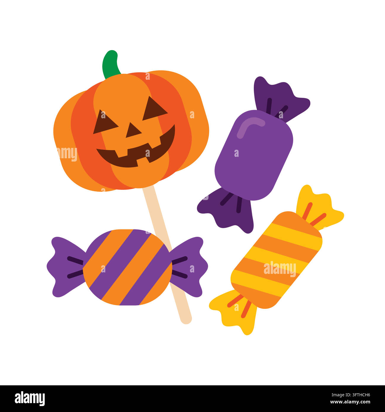 Halloween-Kürbislutscher und verschiedene verpackte Süßigkeiten-Vektorgrafik auf weißem Hintergrund isoliert Stock Vektor