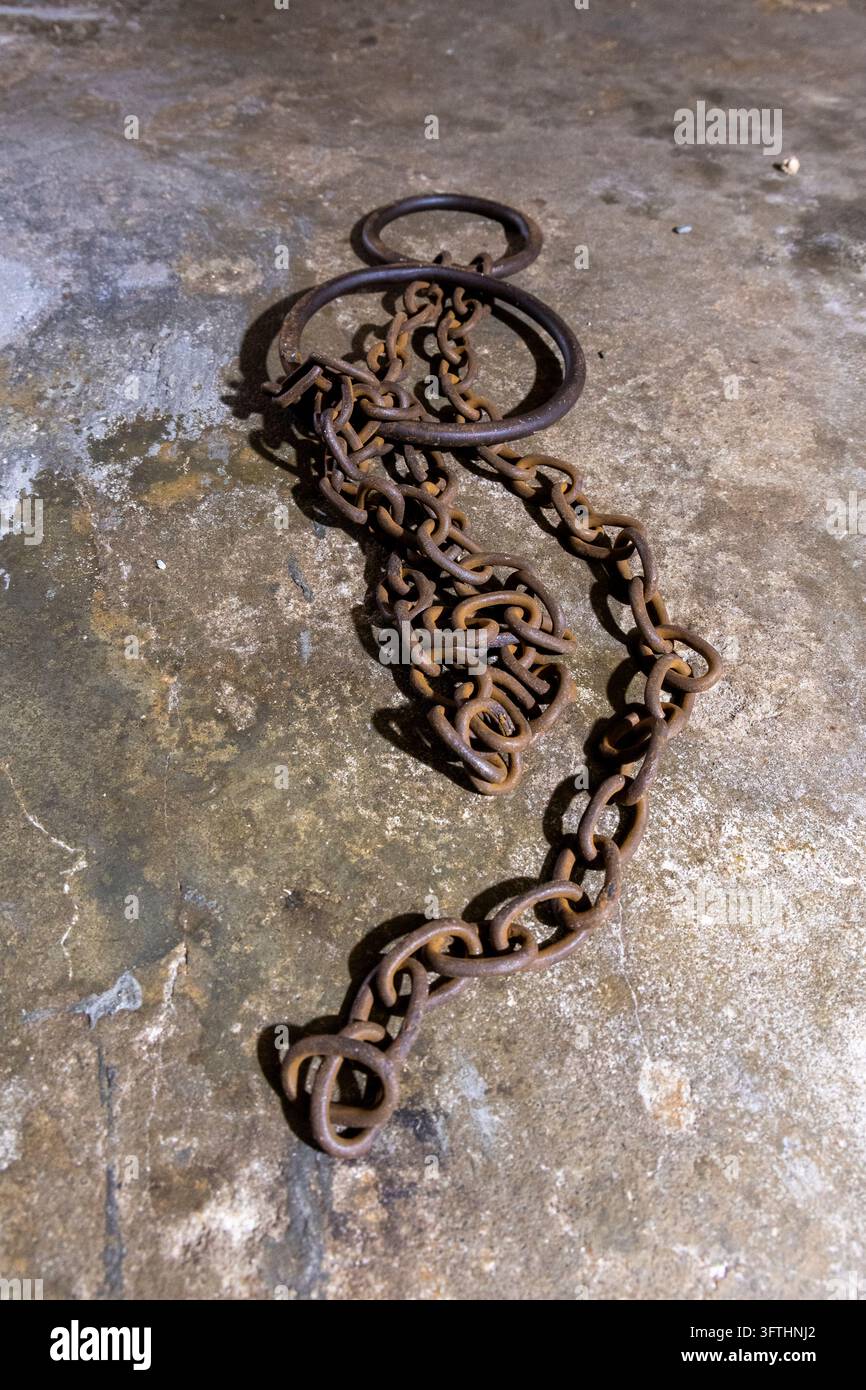 Rostige Eisenkette und Ringe, auf einem rauen Steinboden gewickelt, im Museum des Sklavenhandels im Osten Afrikas, Stone Town, Tansania Stockfoto