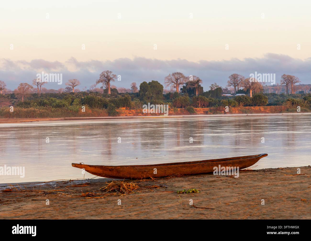 Ein leeres Kanu liegt am sandigen Ufer mit Blick auf Baobab-Bäume in der Morgendämmerung, Menabe, Tsiribihina, Madagaskar Stockfoto