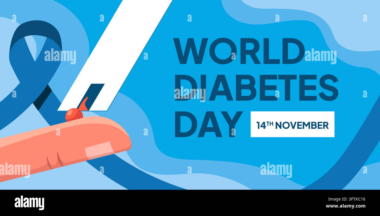 Welt-Diabetestag Horizontalbanner Blutstropfen-Fingertest Stock Vektor