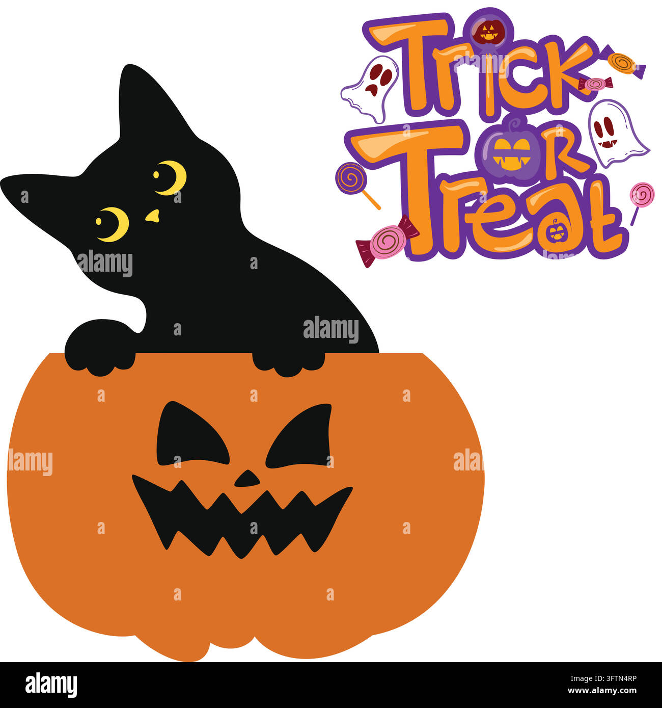 Halloween-Schwarzkater in Kürbis-Jack-O-Laternen-Clipart-Set Stock Vektor
