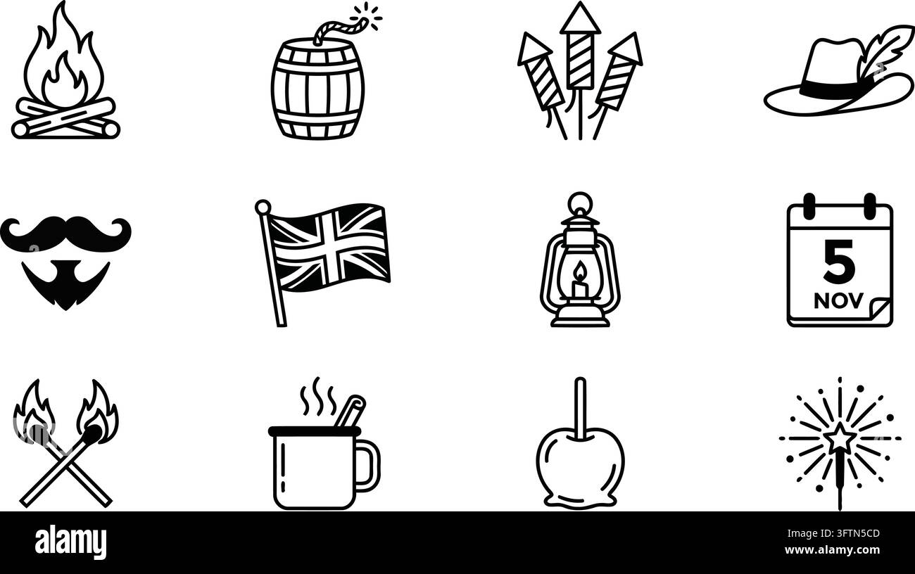 Guy Fawkes Day Linien-Ikonen-Set Bonfire Night Umriss-Symbole Stock Vektor