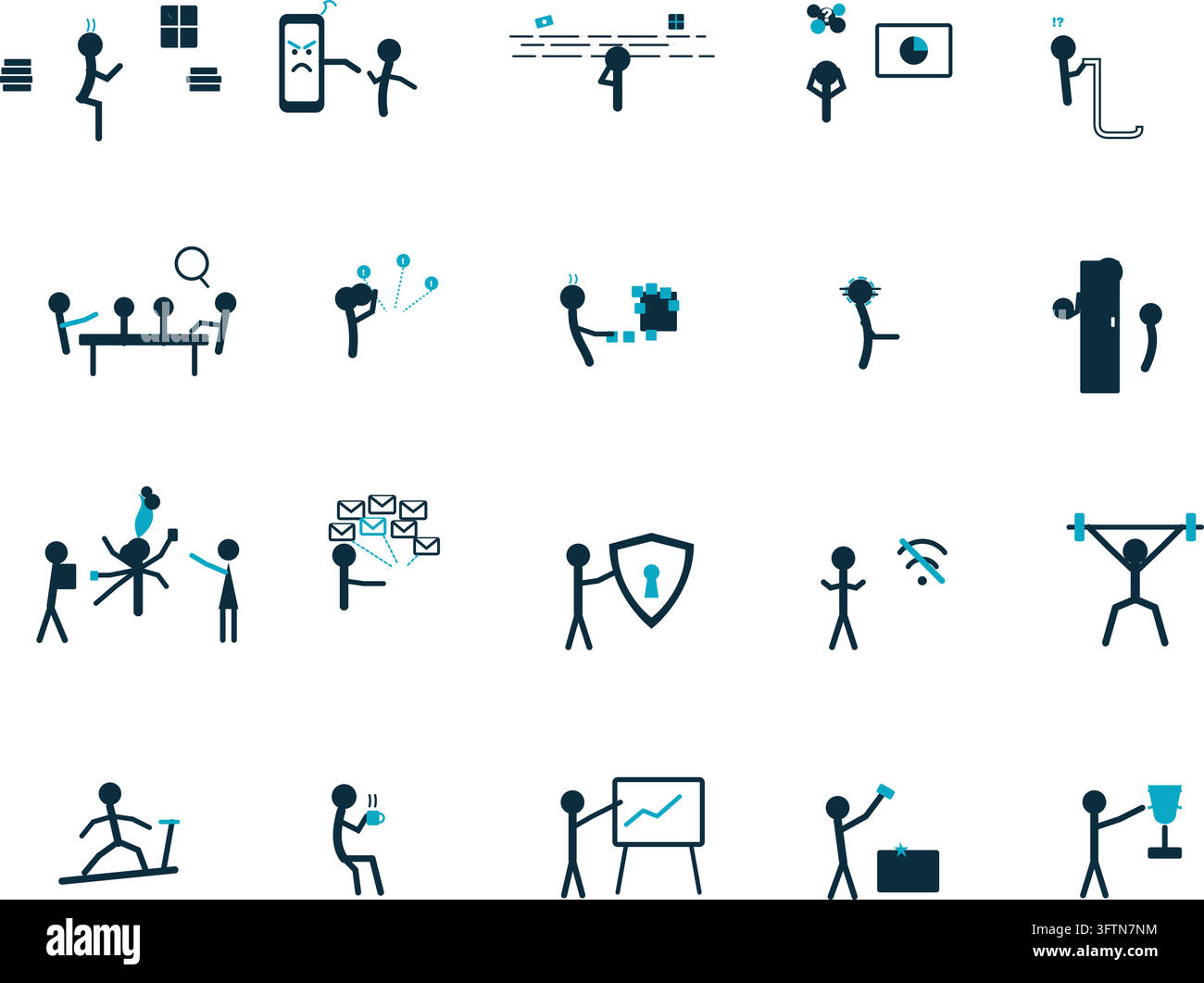 Piktogrammsatz für Remote-Arbeit Home-Office-Stickman-Lebensstil-Symbole Stock Vektor
