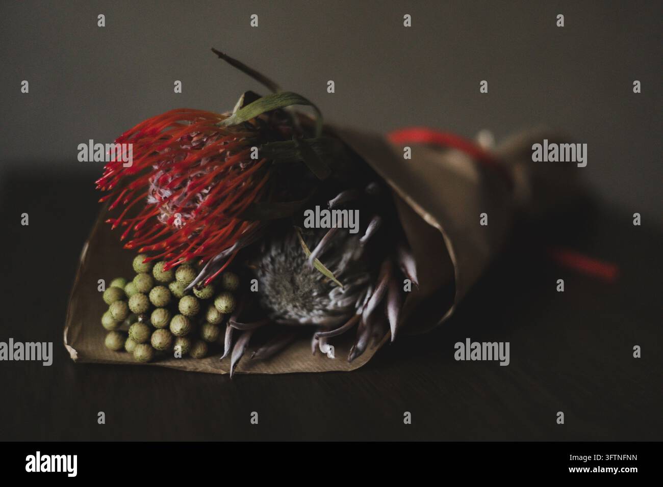 Stimmungsvolles exotisches Protea-Bouquet in Kraftpapier verpackt auf einer dunklen Oberfläche, mit roten Blumen, skulpturalen Blütenblättern und großzügigem Kopierraum für Floren-Branding Stockfoto