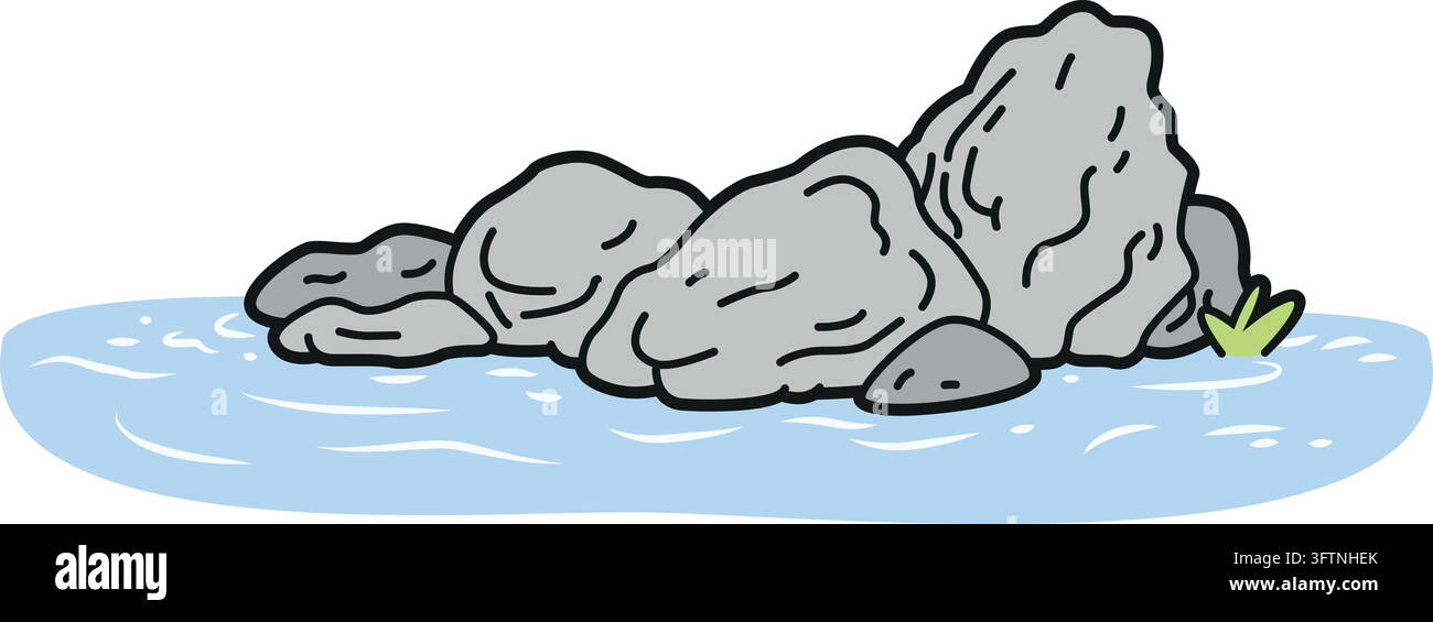 Vektorillustration eines Haufen Felsen auf Wasser in einem Cartoon, umrissener Stil, isoliert auf weißem Hintergrund Stock Vektor