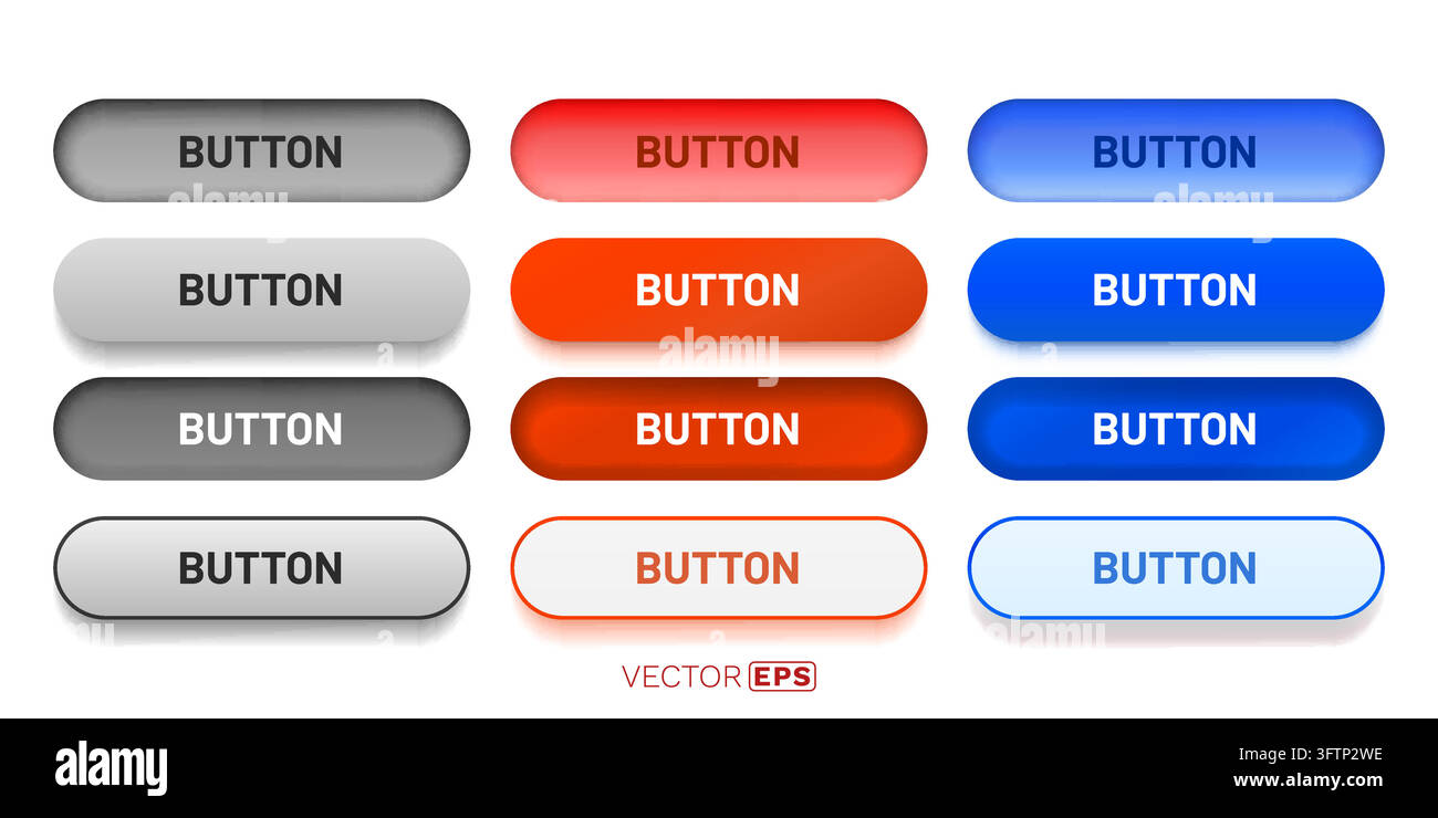 Moderner UIUX-Button-Satz mit verschiedenen interaktiven Zuständen und Farboptionen. Vektorillustration Stock Vektor