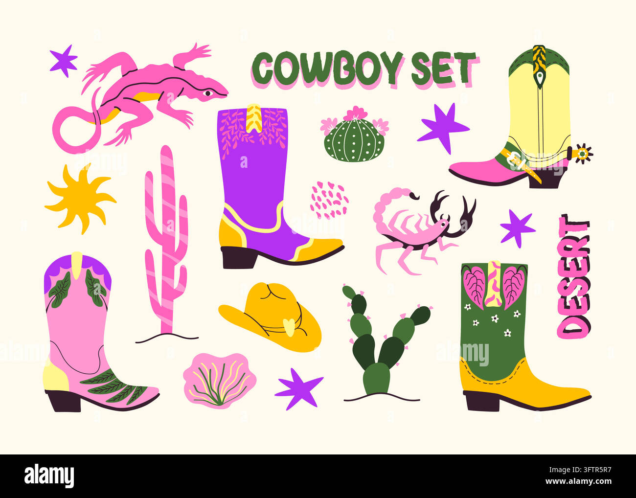 Retro-Western-Cowboy-Clipart-Set im groovy flachen Vektorstil Stock Vektor