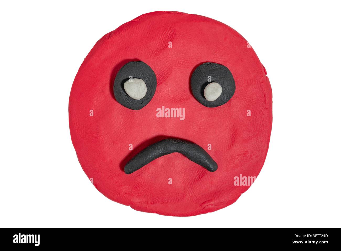 roter Lehnsad-Emoji-Gesicht zeigt ein Stirnrunzeln-Emotionalsymbol mit handgefertigter Textur Stockfoto