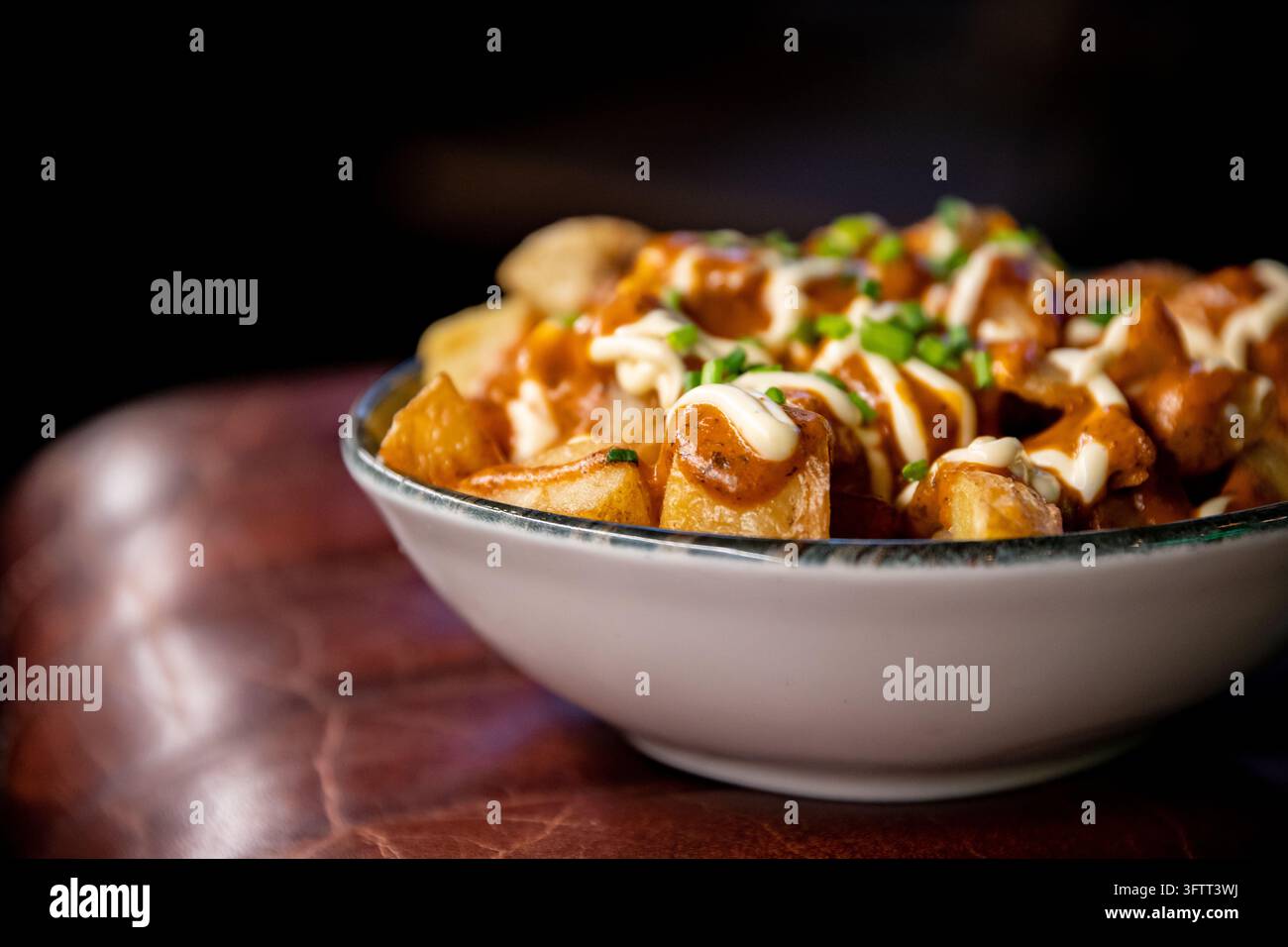 Makrodetail von Patatas Bravas mit Brava-Sauce und Aioli-Tröpfchen in einer Schale mit flacher Schärfentiefe Stockfoto