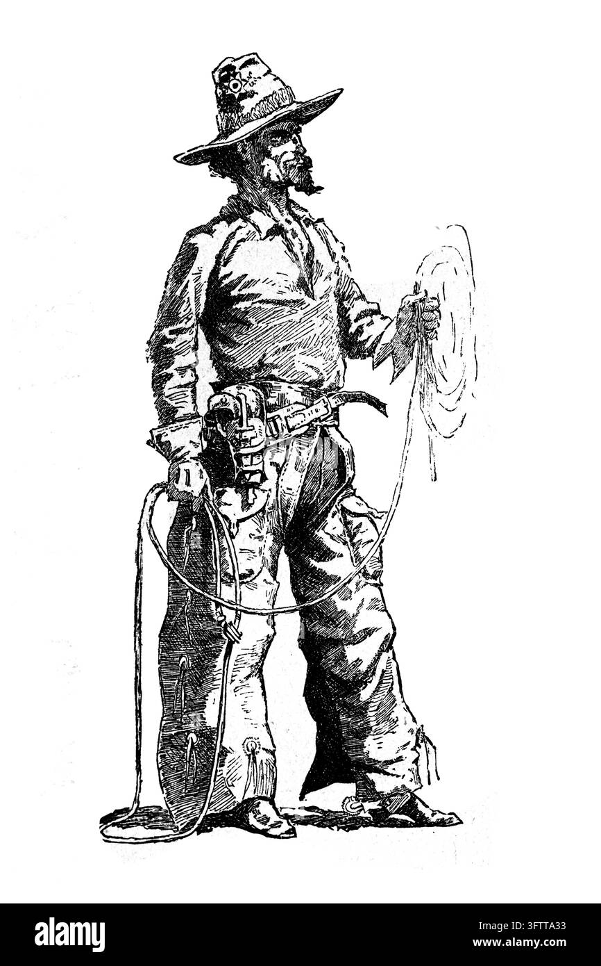 Cowboy mit Lasso, Ganzkörperaufnahme, weißer Hintergrund, Radierung aus dem 19. Jahrhundert. Stockfoto
