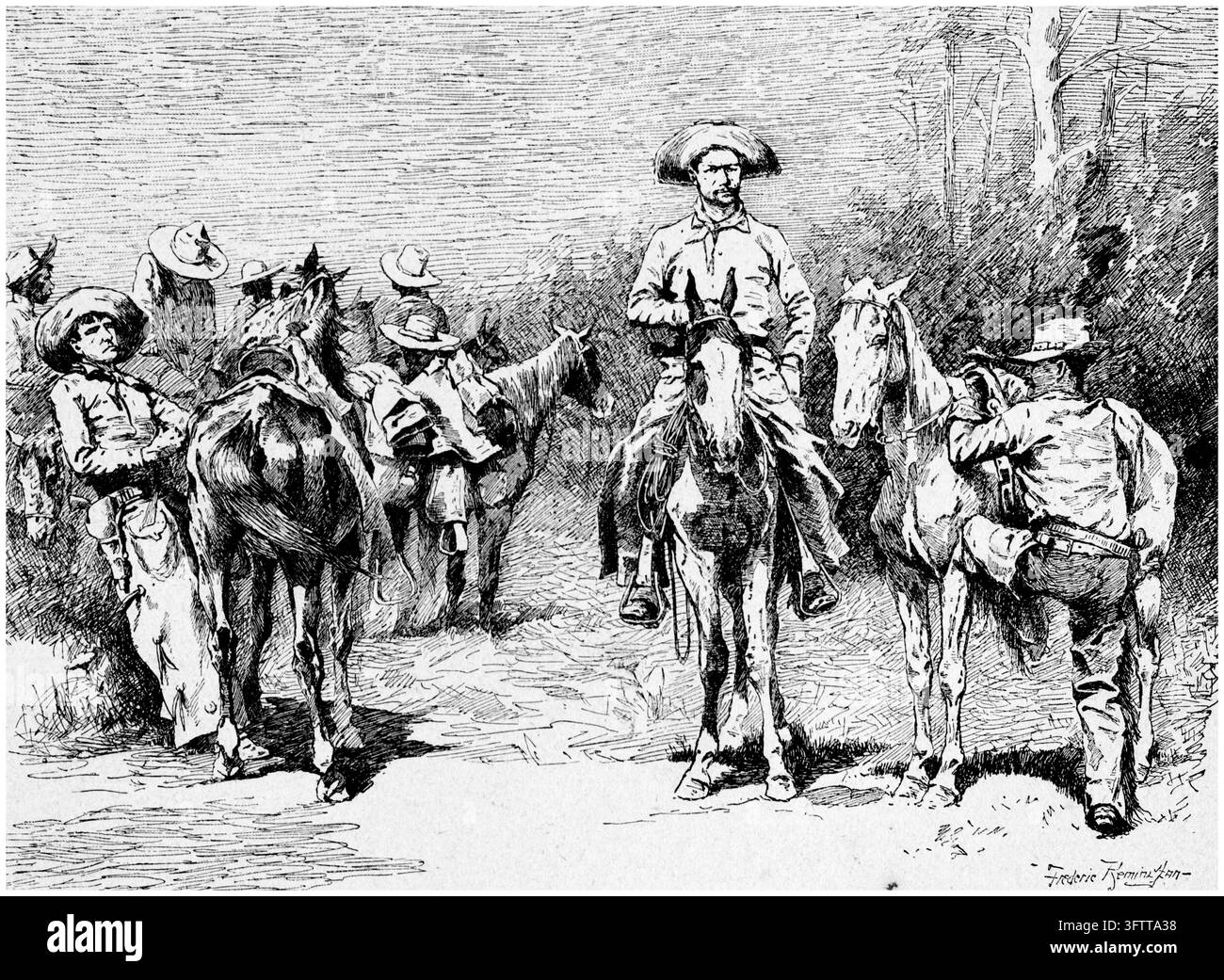Cowboys, die frische Pferde satteln, ländliche Landschaft, Radierung aus dem 19. Jahrhundert. Stockfoto