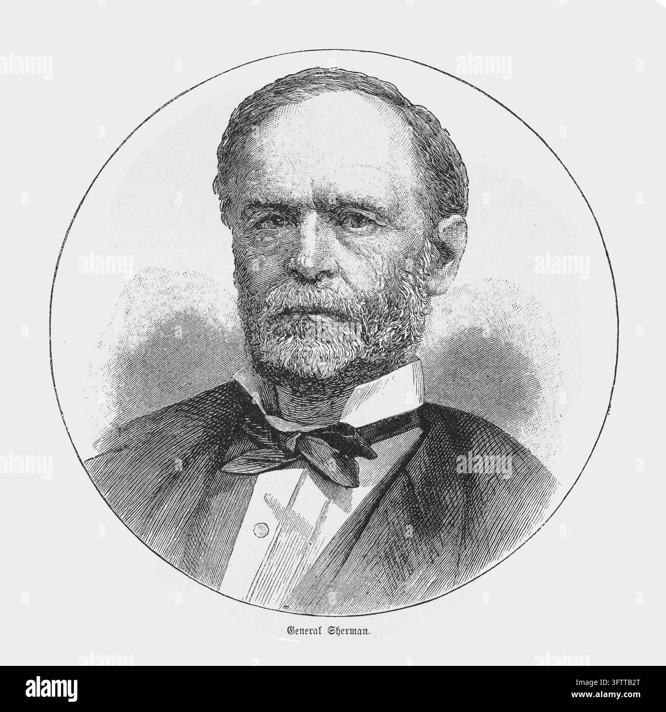 General-Sherman-Porträt, Figur des Amerikanischen Bürgerkriegs, Ovaler Rahmen, Radierung aus dem 19. Jahrhundert. Stockfoto