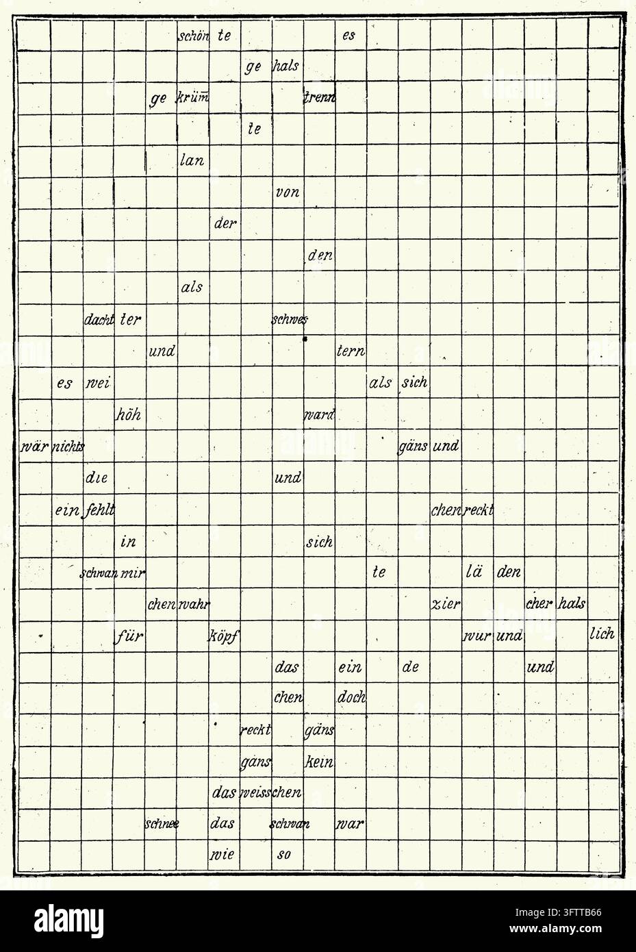 Deutsches Wortgitter, Abstrakte poetische Textanordnung, weißer Hintergrund, 19. Jahrhundert Radierung. Stockfoto