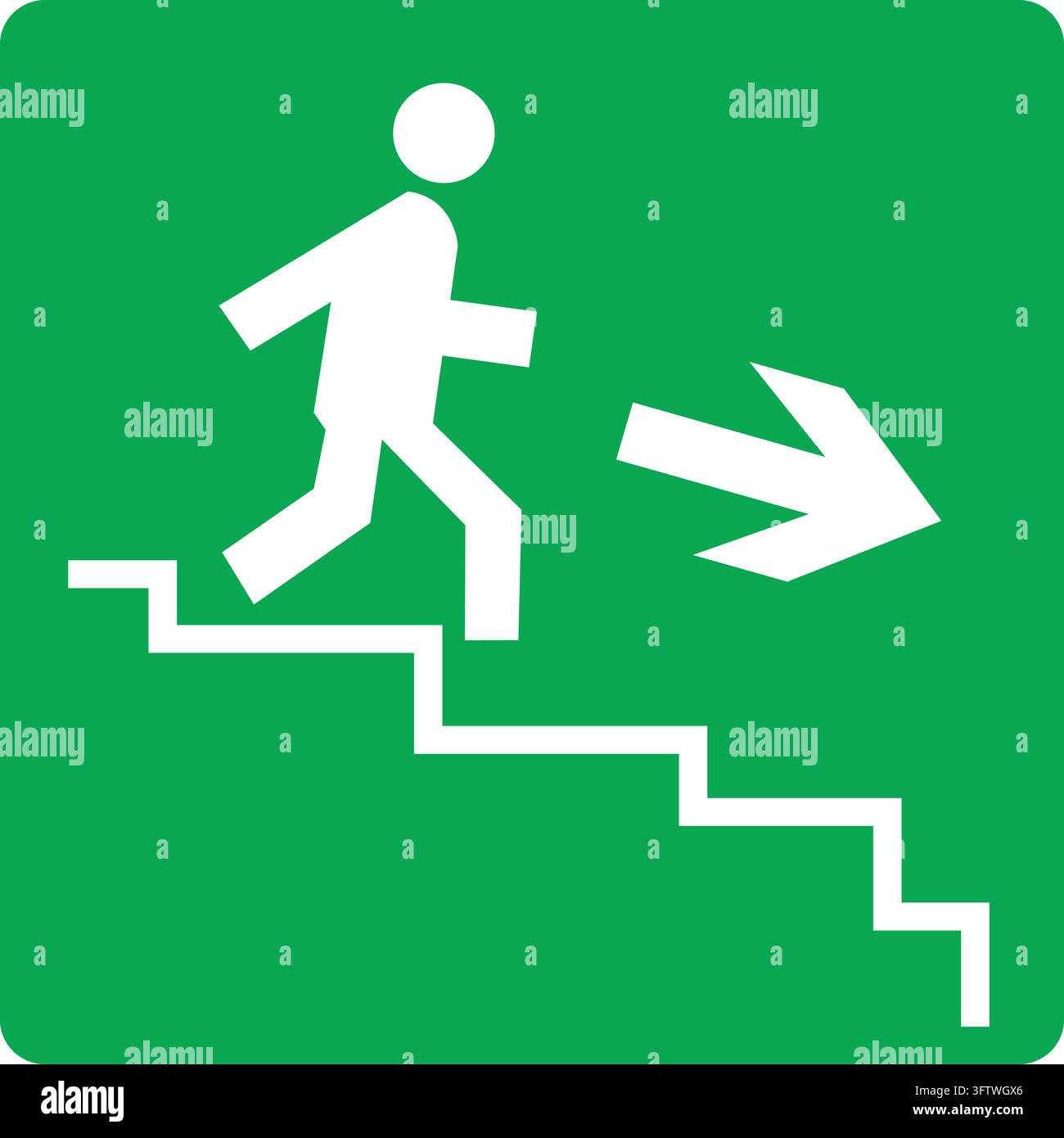 Ein grünes Notausgangsschild zeigt eine weiße Figur, die die Treppe hinunterläuft, mit einem nach rechts weisenden Pfeil, der einen Fluchtweg anzeigt. Stock Vektor
