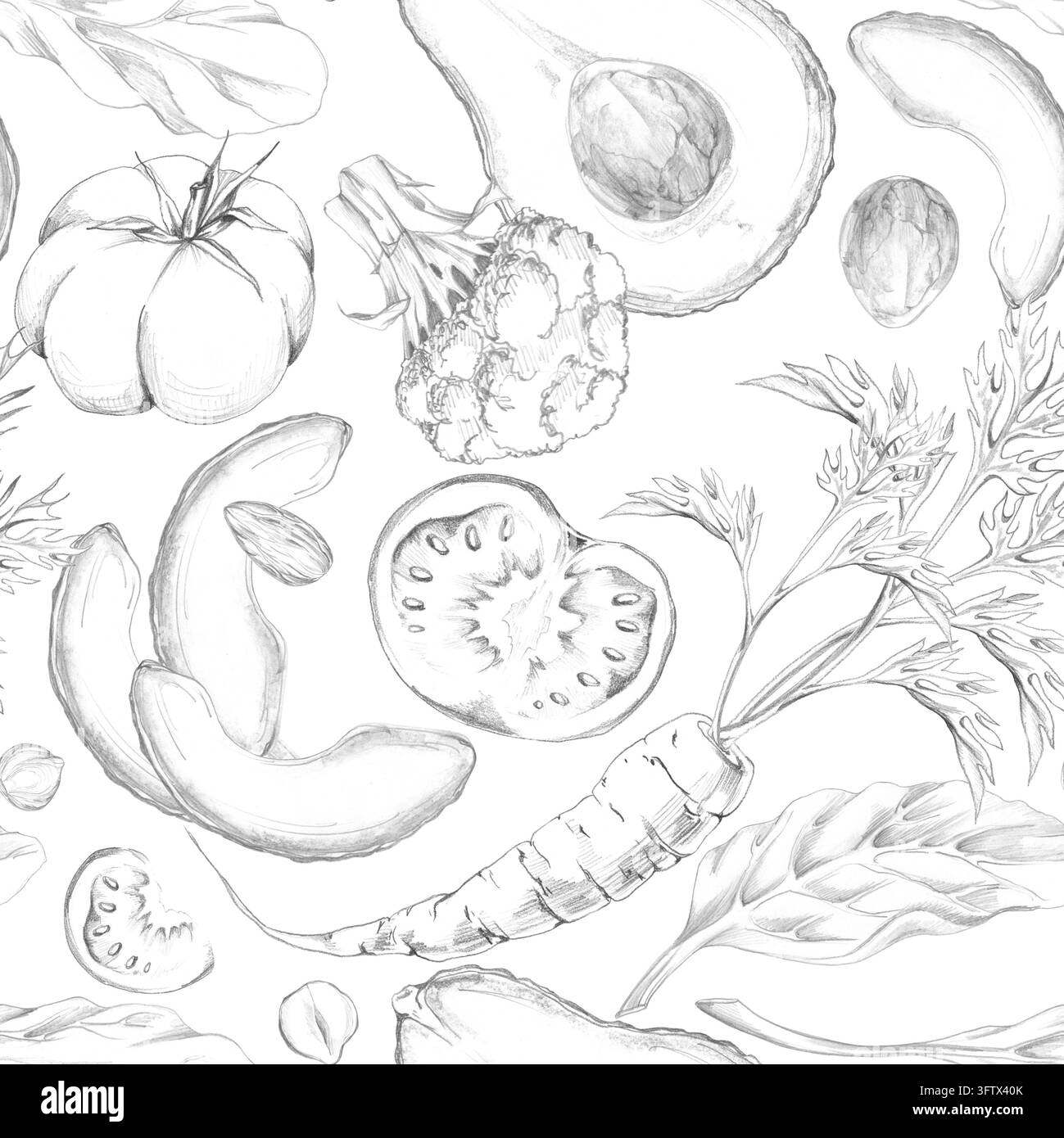 Tomaten, cremige Avocados, Karotten und Brokkoli, Nussmischung. Frisches Sortiment an Obstscheiben, Kohlgemüseblüten. Isoliert handgezeichnet Stockfoto