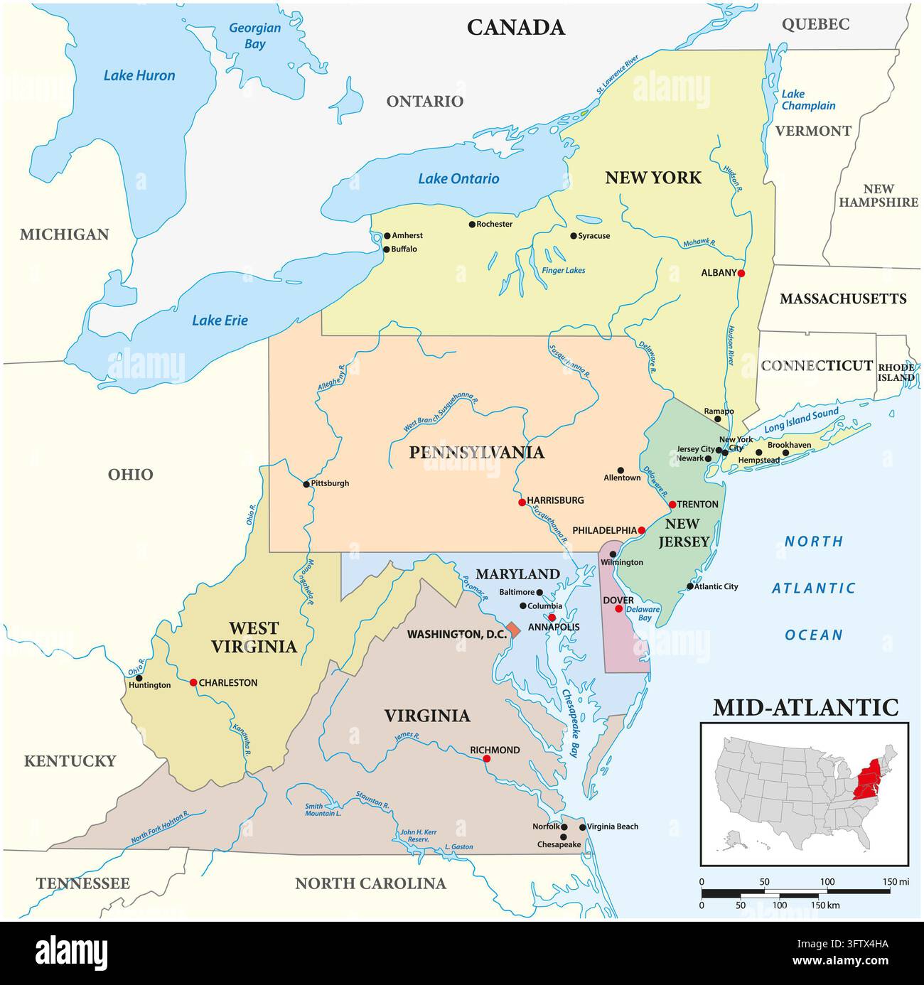 Karte der östlichen Mid-Atlantic-Region, Vereinigte Staaten Stockfoto