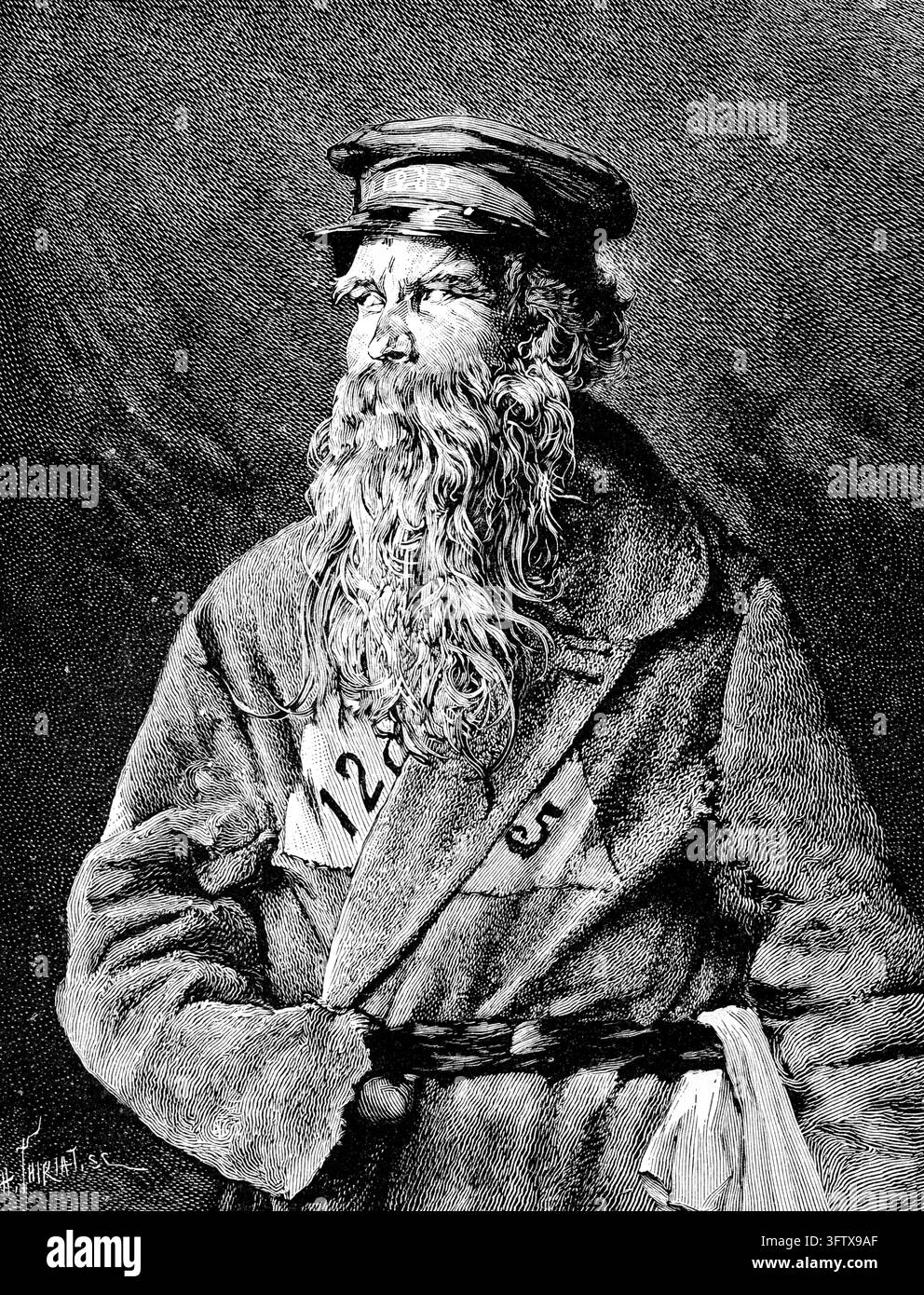 Sträfling mit nummeriertem Mantel, strenger Ausdruck, Halbfigur-Porträt, Radierung aus dem 19. Jahrhundert. Stockfoto