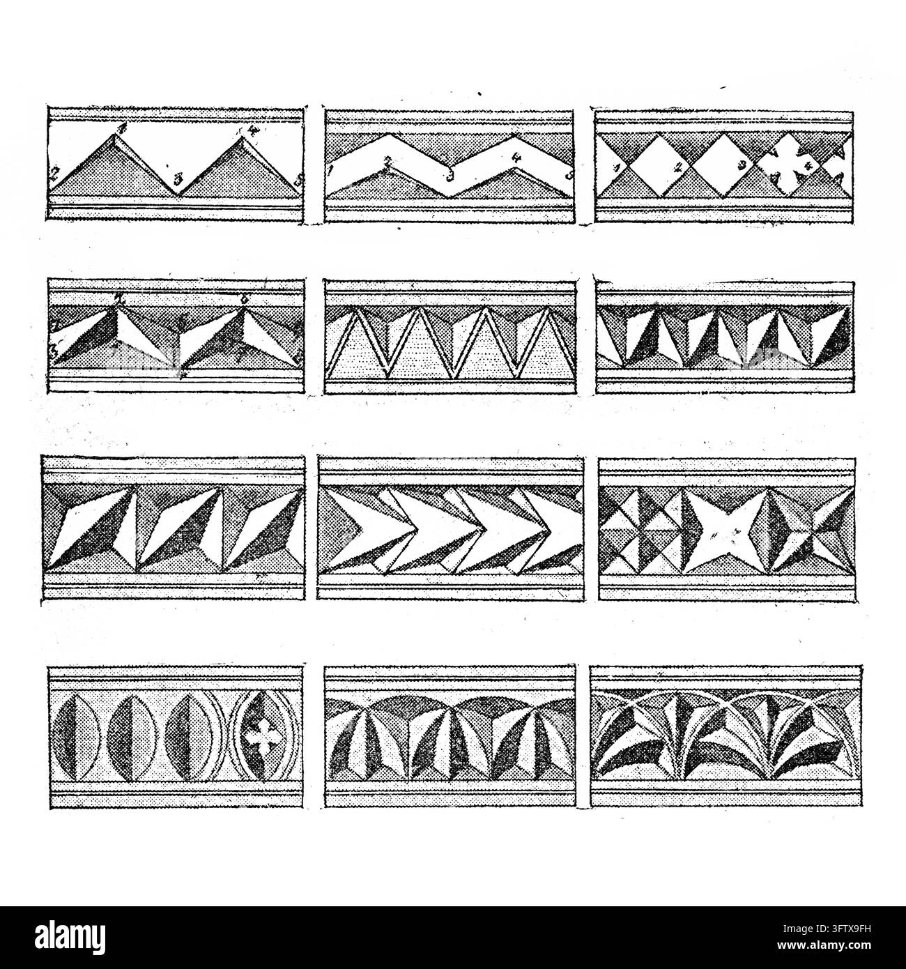 Dekorative Bordüren, Geometrische Muster für architektonische Verzierung, Weißer Hintergrund, 19. Jahrhundert-Stich. Stockfoto