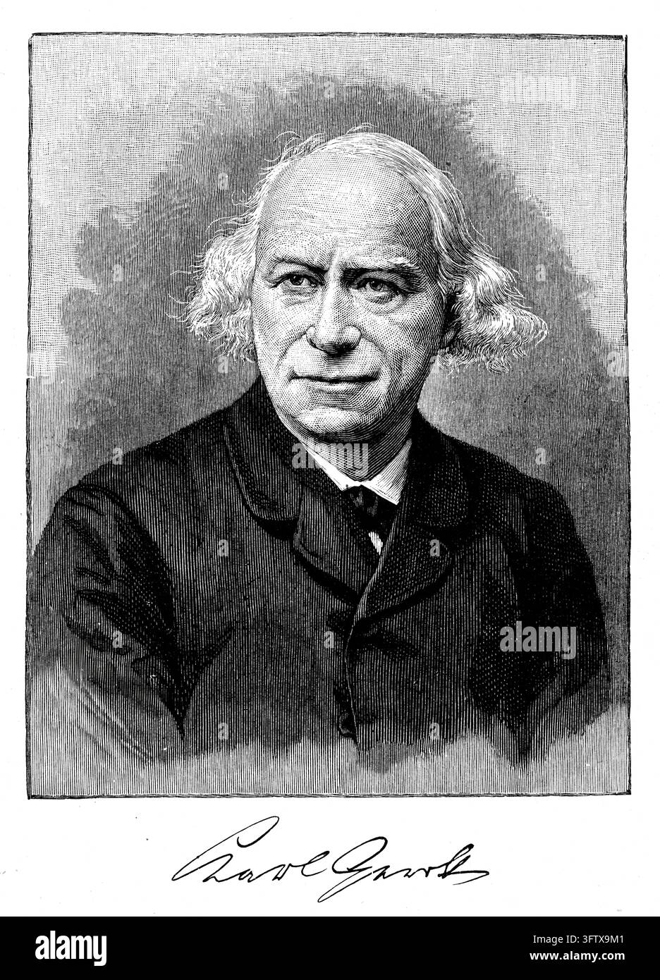 Formelles Porträt eines geachteten Herrn, weißes Haar und Anzug, Radierung aus dem 19. Jahrhundert. Stockfoto